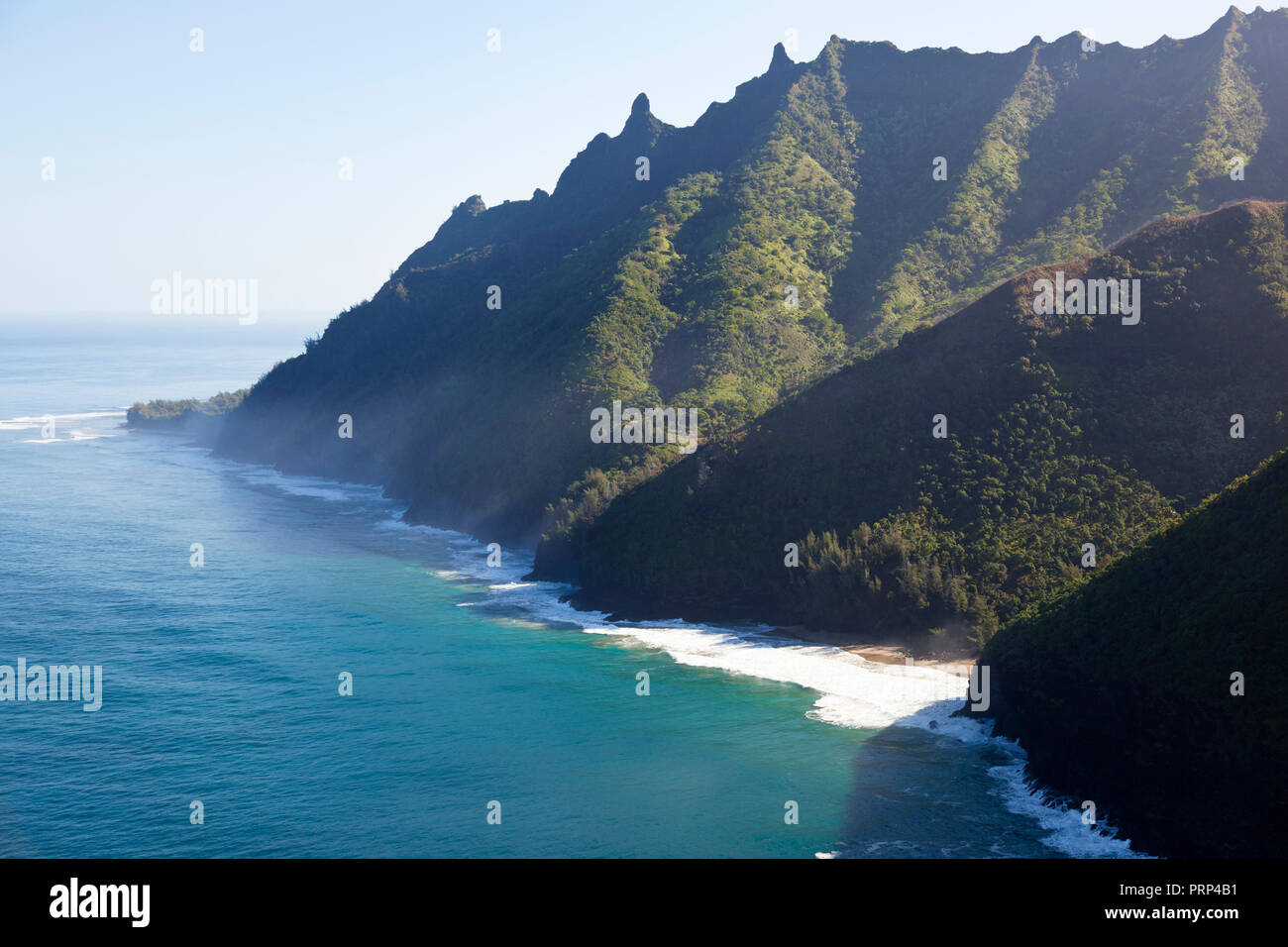 View from helicopter down toHanakapiai Beach at the Na Pali Coast in