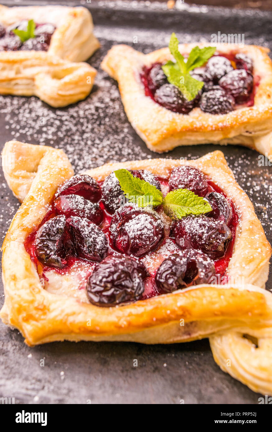 Homemade Puff Pastry With Cherry Sweet Tasty Dessert Decorated