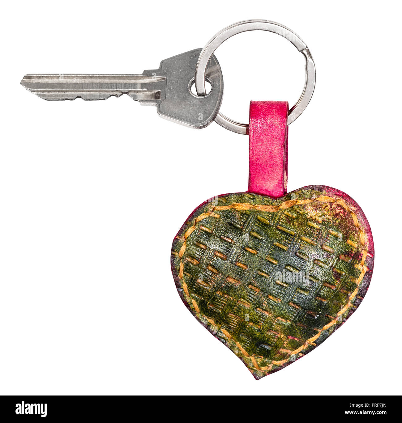 door key on handmade green colored embossed leather heart shaped key
