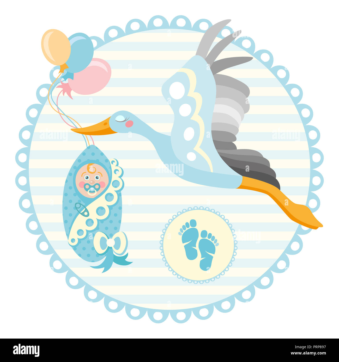 Baby shower frame. Stork carrying a cute baby in a bag. It s a boy Baby boy announcement card template. Place for your text. Stock Photo