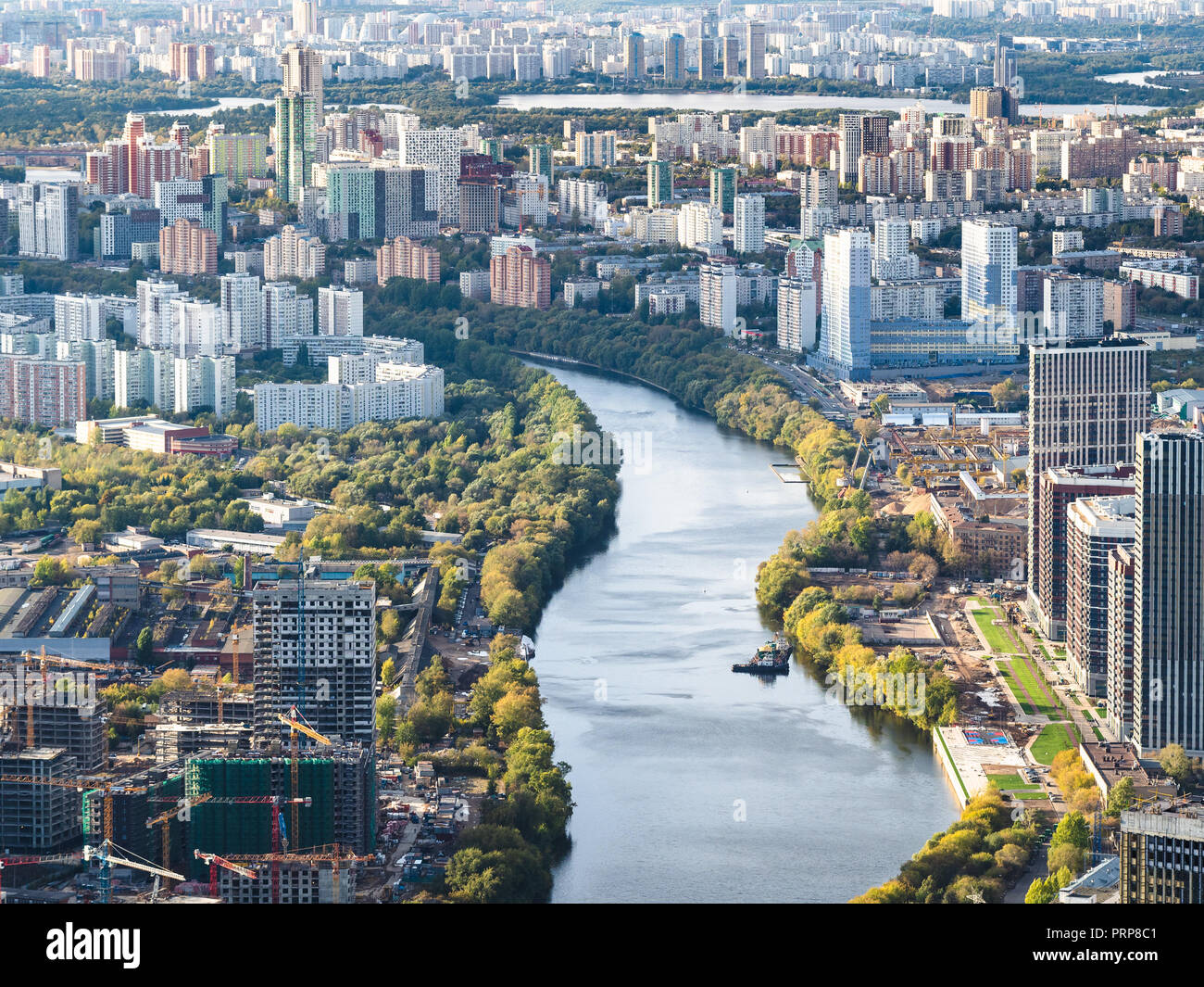 aerial view of Moskva river on west of Moscow from observation deck ...