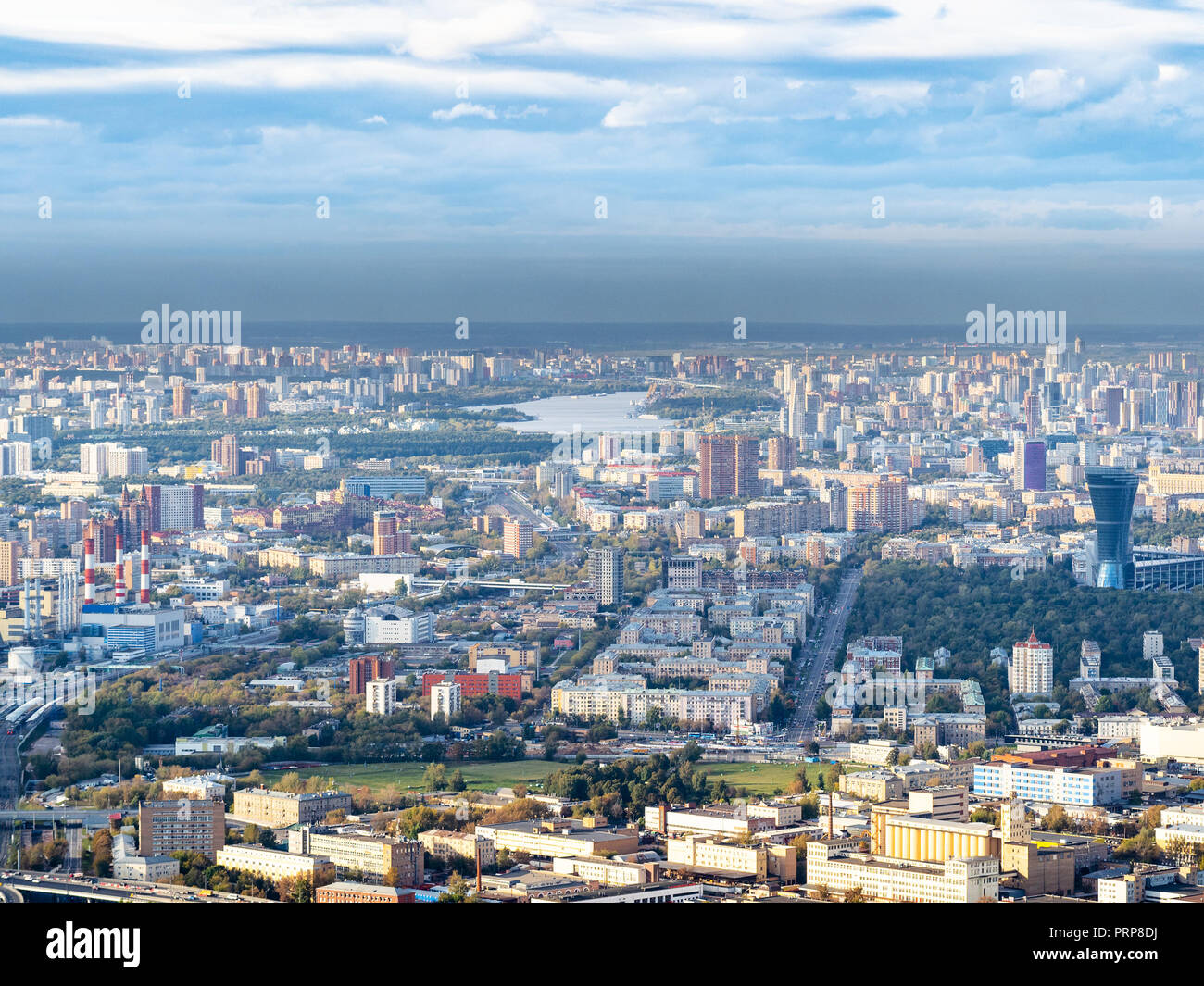 aerial view of northwest of Moscow and Moskva river from observation ...