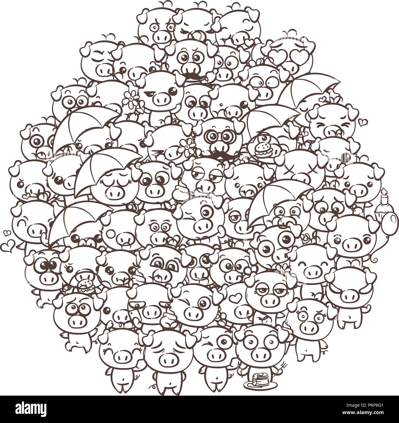 Background with cute baby piglets. Pastel cartoon image kawaii pigs. Vector  by freehand draw doodle comic emoji art. Illustration for coloring pages a  Stock Vector Image & Art - Alamy