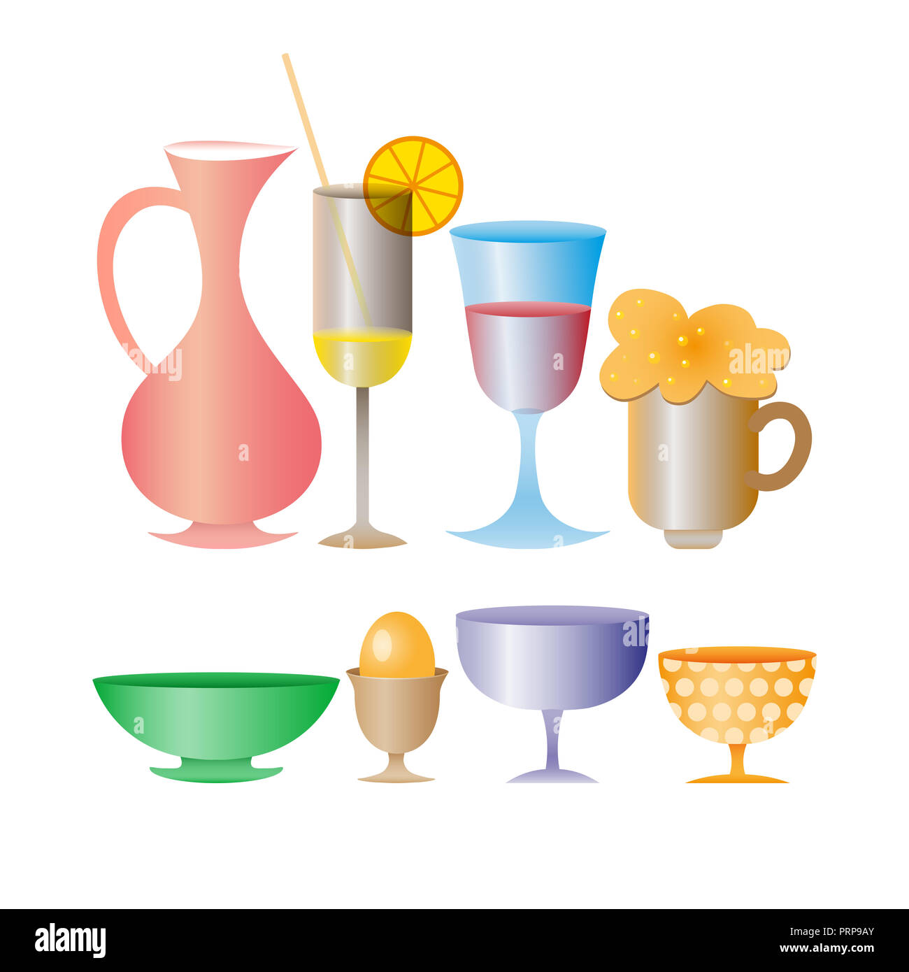 Tropical cocktails, juice, wine and champagne glass set. hand drawn doodle illustration. Various isolated cocktail glass . Stock Photo