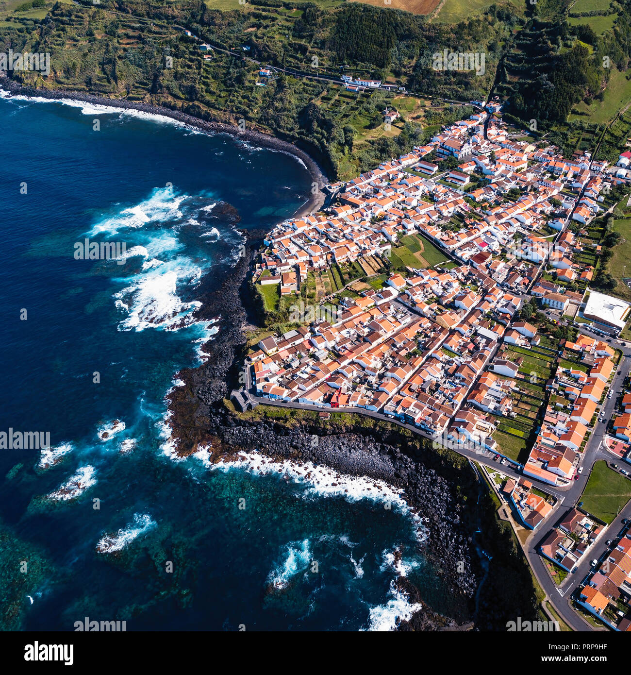 Top view the ocean surf on reefs coast in Maia city of San Miguel ...