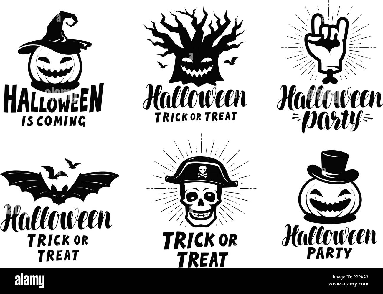 Halloween, set of labels or icons. Holiday symbol. Lettering vector illustration Stock Vector