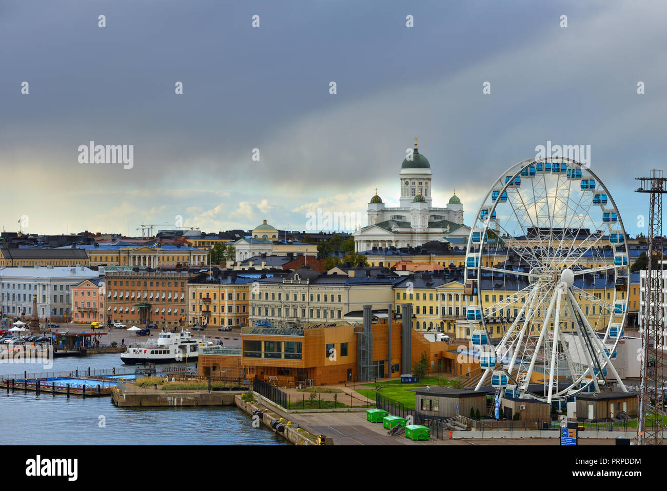 Evangelical Lutheran cathedral of Diocese of Helsinki, Market Square (Kauppatori), Allas Sea Pool and Finnair SkyWheel Stock Photo