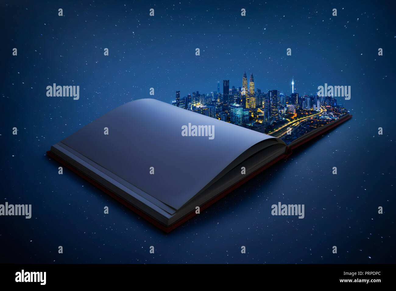 Night beautiful scene of modern city skyline pop up in the open book pages. Stock Photo