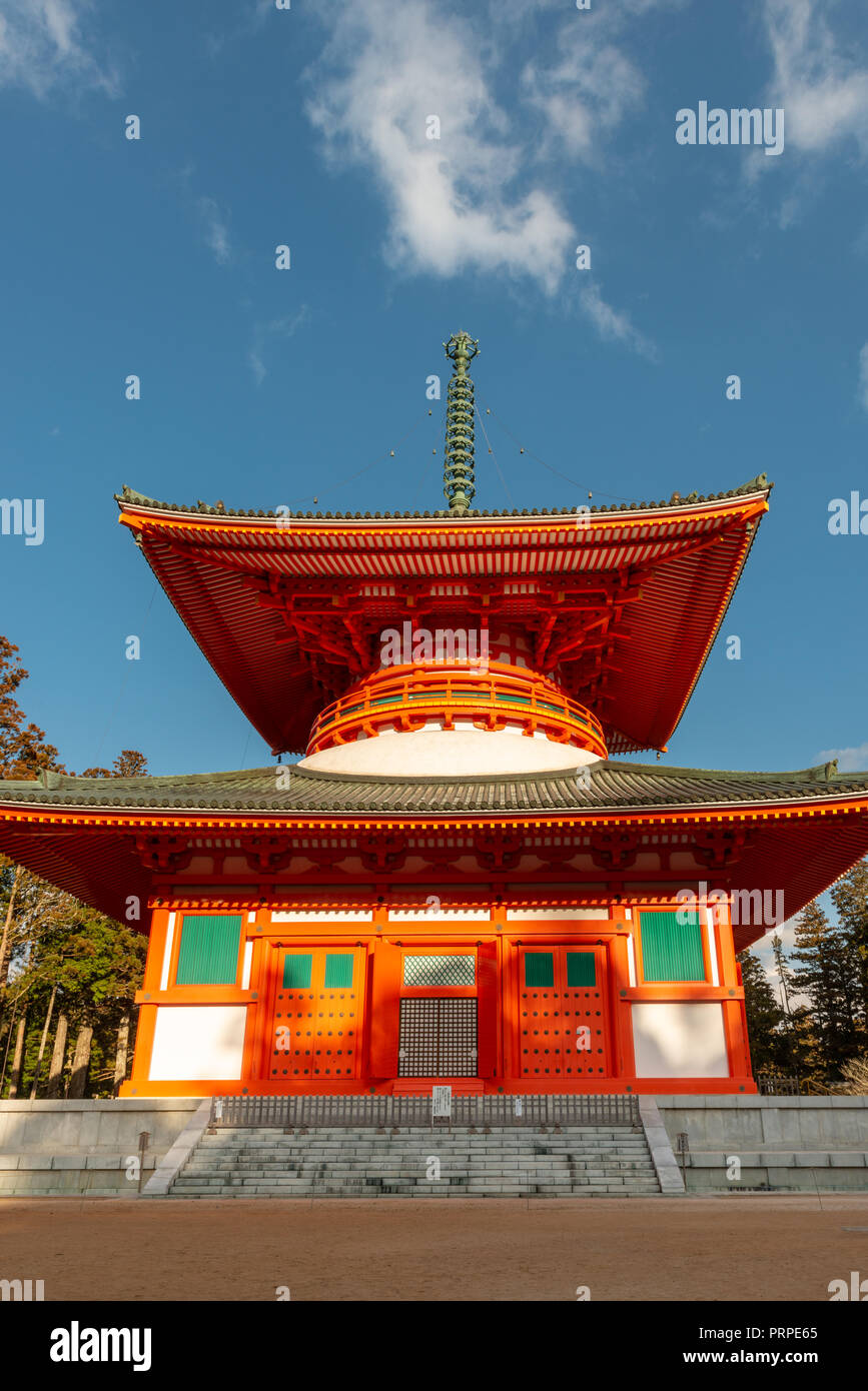 Danjogaran  the religious center of Koyasan. The complex has about twenty temples and buildings, including the Konpon Daito, 'Great pagoda' . Stock Photo