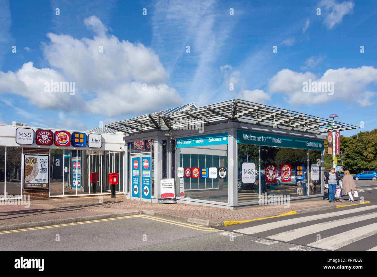 Entrance to Moto Leigh Delamere West Motorway Services (M4), Leigh Delamere, Wiltshire, England, United Kingdom Stock Photo