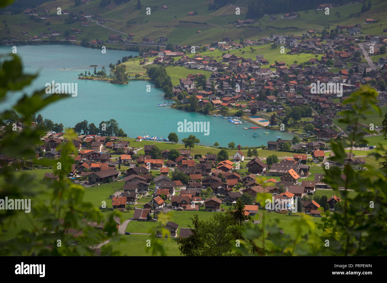 View of Lungern and Lungernsee from Viewing Point Schoenbuehel, Switzerland Stock Photo