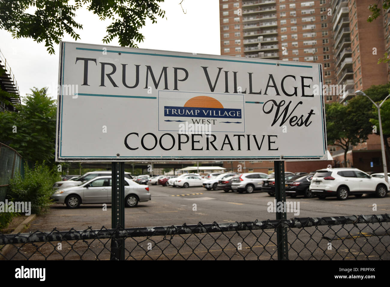 Brooklyn, NY. 4 July, 2018. A sign identifies Trump Village Cooperative, called the flagship of Fred Trump's real estate empire in The New York Times. Stock Photo