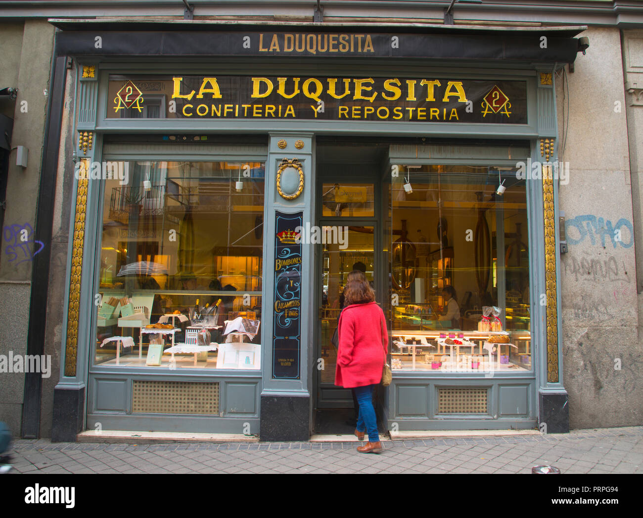Facade of La Duquesita cake shop. Madrid, Spain. Stock Photo