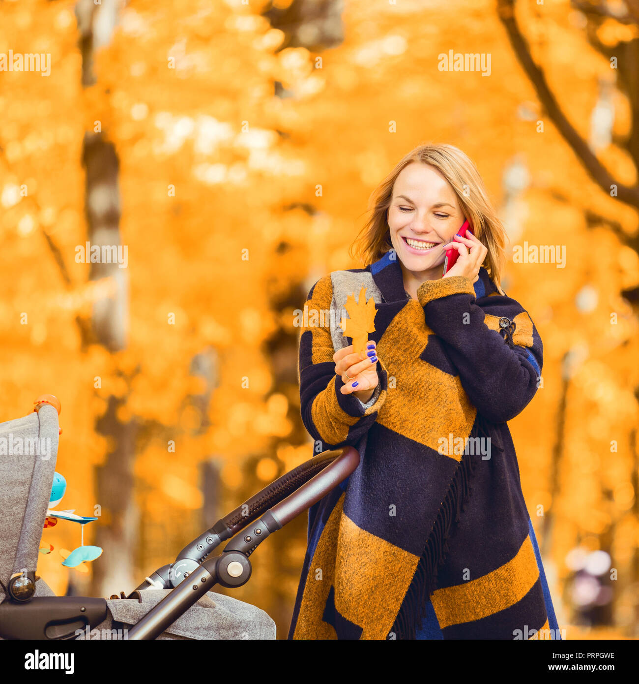 A young mother with a stroller is talking on her mobile phone while ...