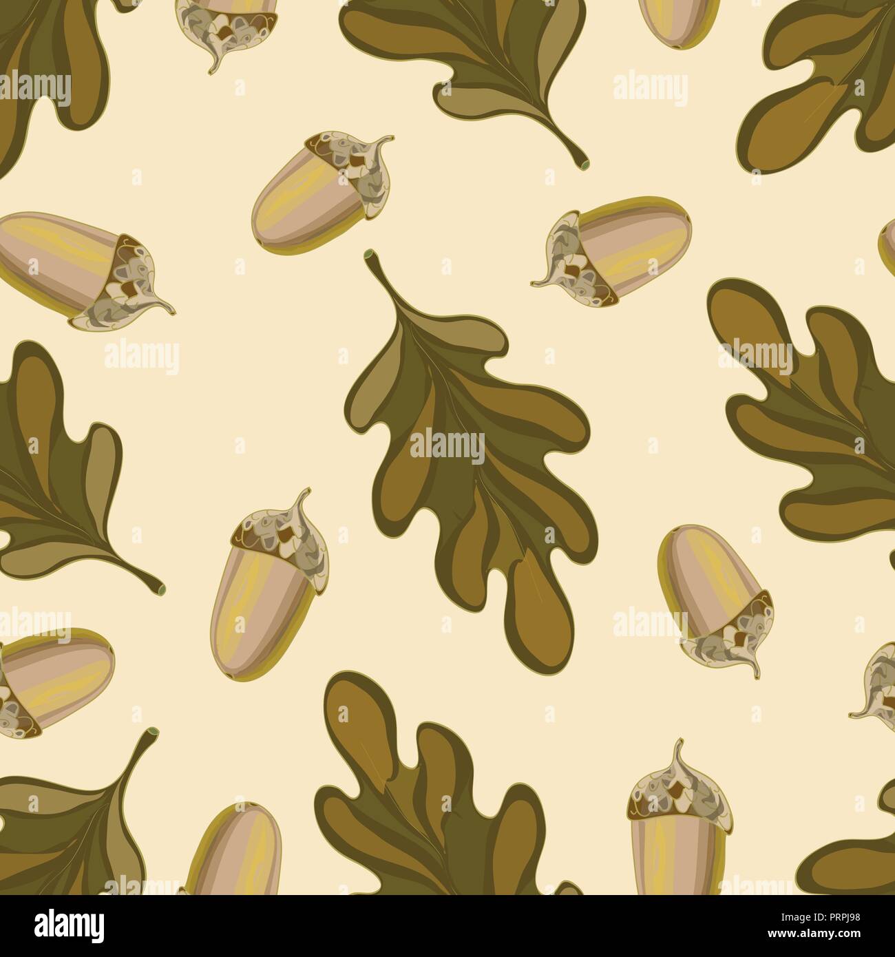 Seamless vector pattern with autumn leaves. Oak leaf and acorn drawing ...