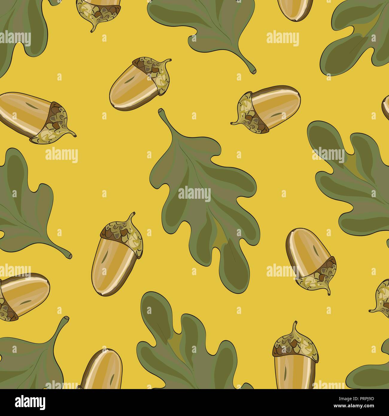 Seamless vector pattern with autumn leaves. Oak leaf and acorn drawing ...