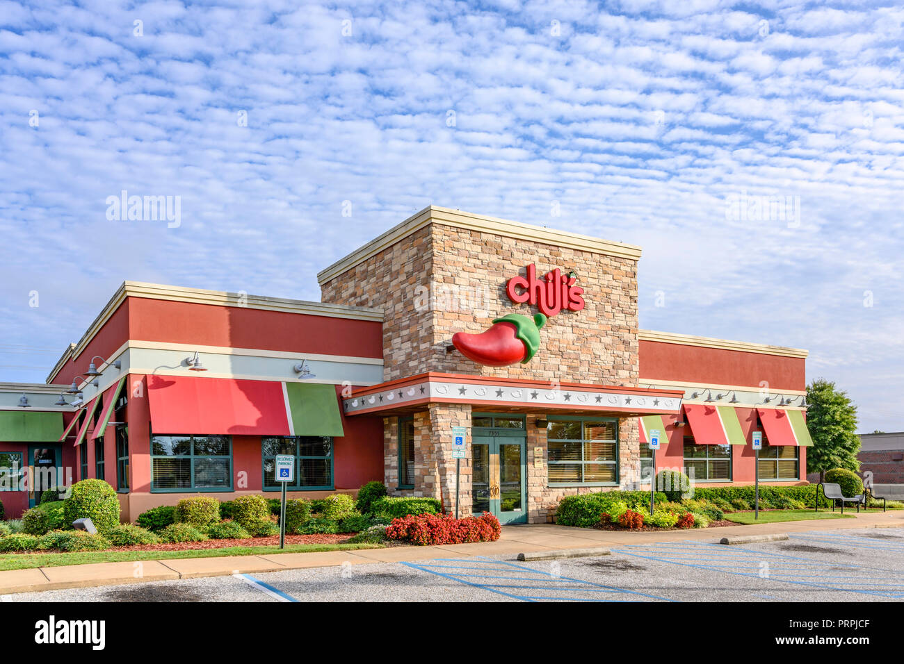 Chili's family restaurant front exterior entrance of the chain restaurant showing the corporate sign and logo in Montgomery, Alabama USA. Stock Photo