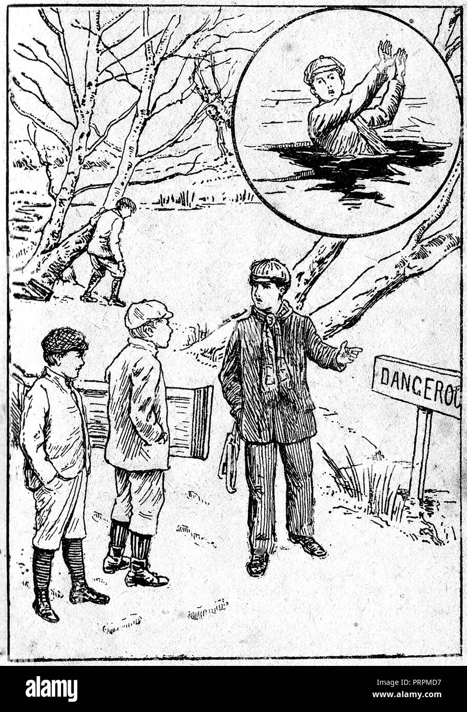 early 1900's's illustration of Ernest Caulder aged 8, and brother Alfred   prior to their death by drowning, despite efforts of local hero Daniel Pusey who is seen here warning them of the dangers prior to the incident    at Burnham Beeches, Bucks Stock Photo