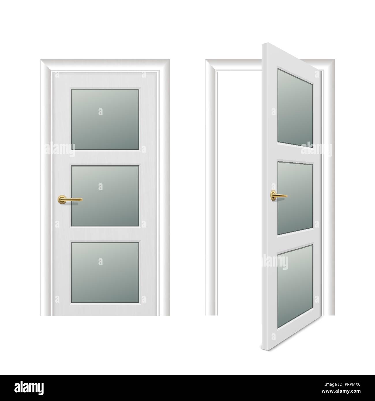 Vector realistic different opened and closed white wooden door icon set ...