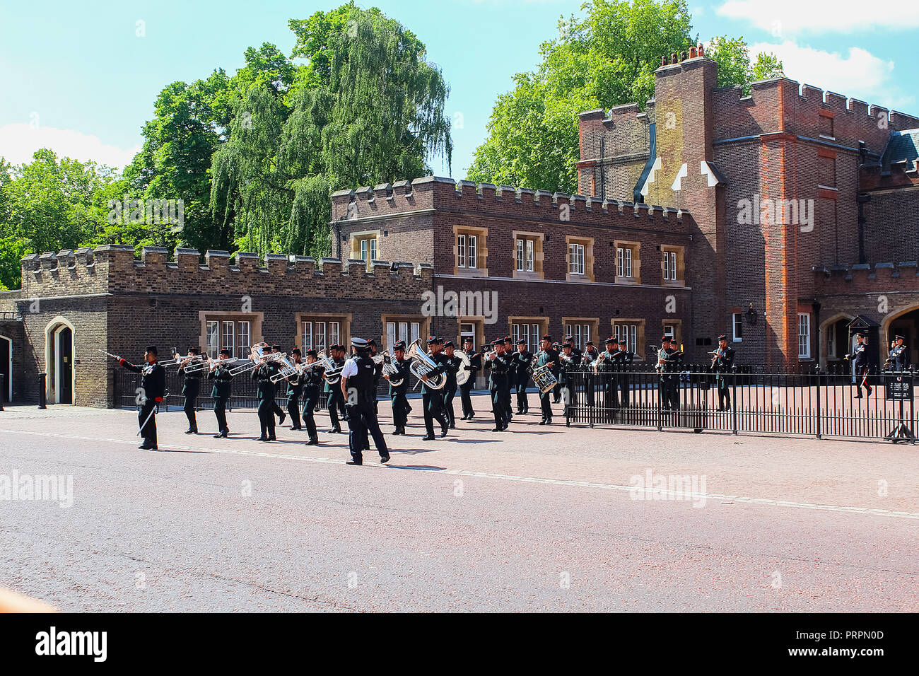 LONDON, UNITED KINGDOM - MAY 26, 2015: Royal Armoured Corps Band mount parade and provided the musical support for both old and new Queens Guard at St Stock Photo