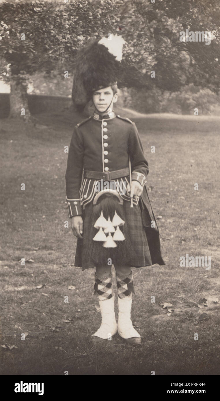 * Vintage Photograph of a Young Scottish Soldier or Cadet.Stood Outdoors. Stock Photo