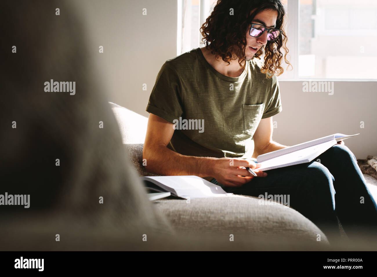 Male student studying sitting on a couch at home. Young man preparing for exam reading a book. Stock Photo