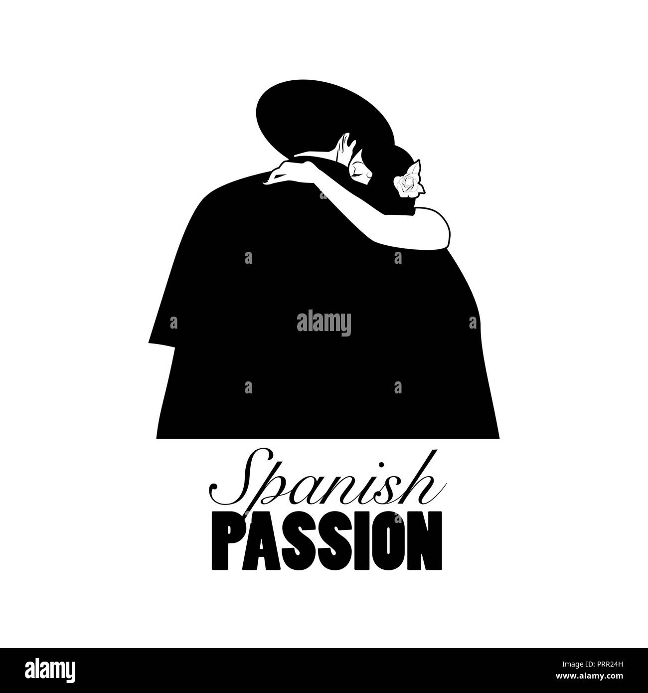 Spanish Passion. Elegant man on his back wearing hat and cape hugging a beautiful Spanish woman. Vector Illustration Stock Vector