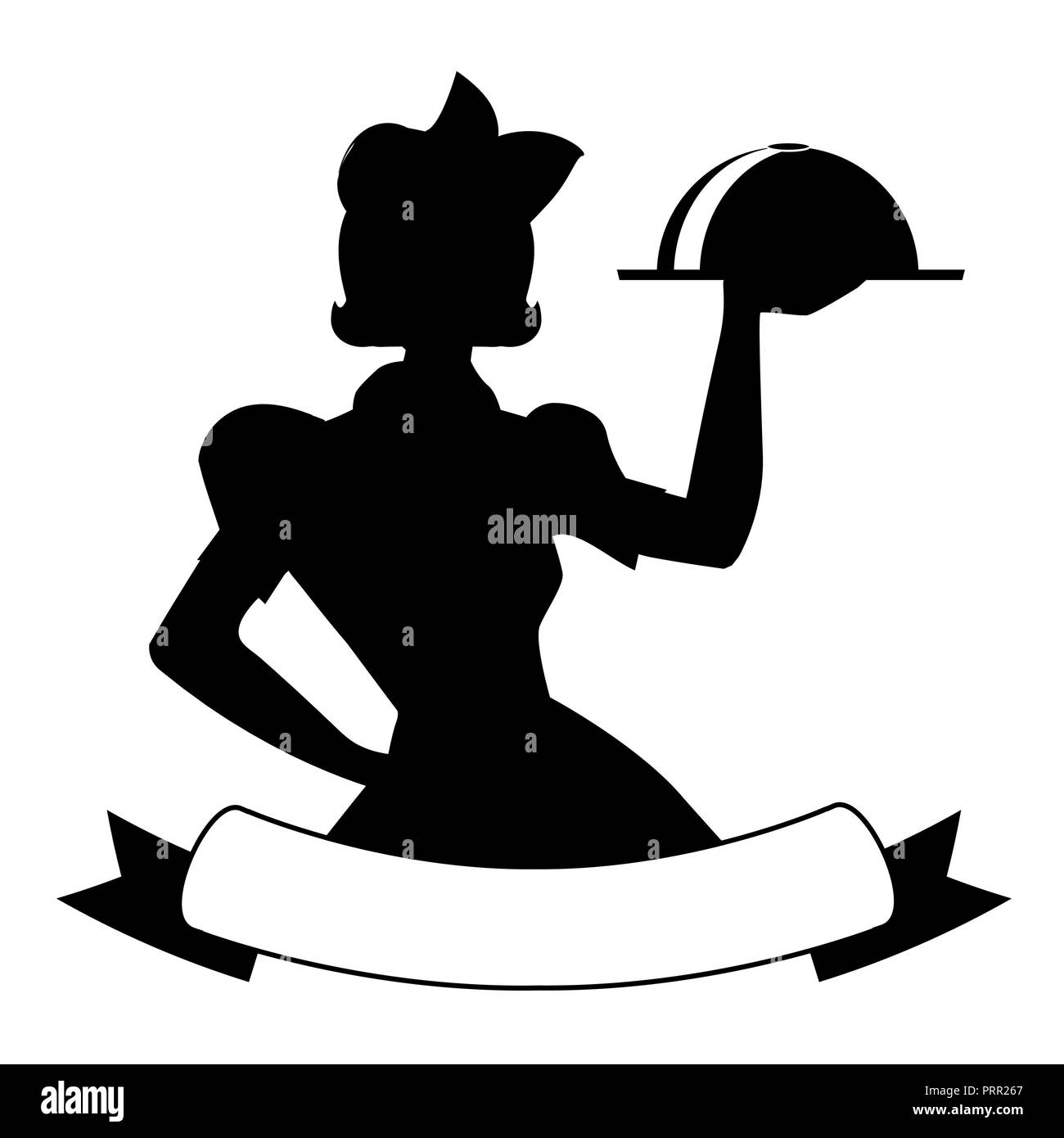 Silhouette of waitress style 50's, carrying a tray with food. Blank bottom banner to place text. Good for logo Stock Vector