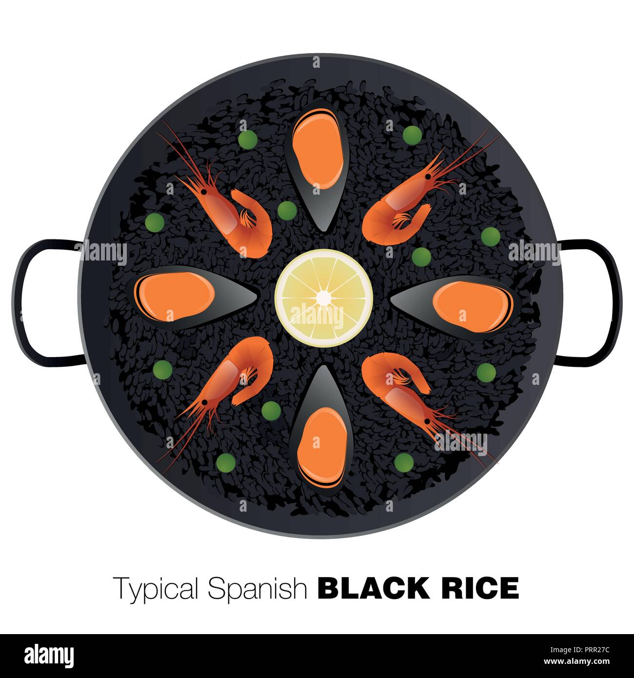 Typical black Spanish rice. Traditional paella made with rice and squid ink. Vector Illustration Stock Vector