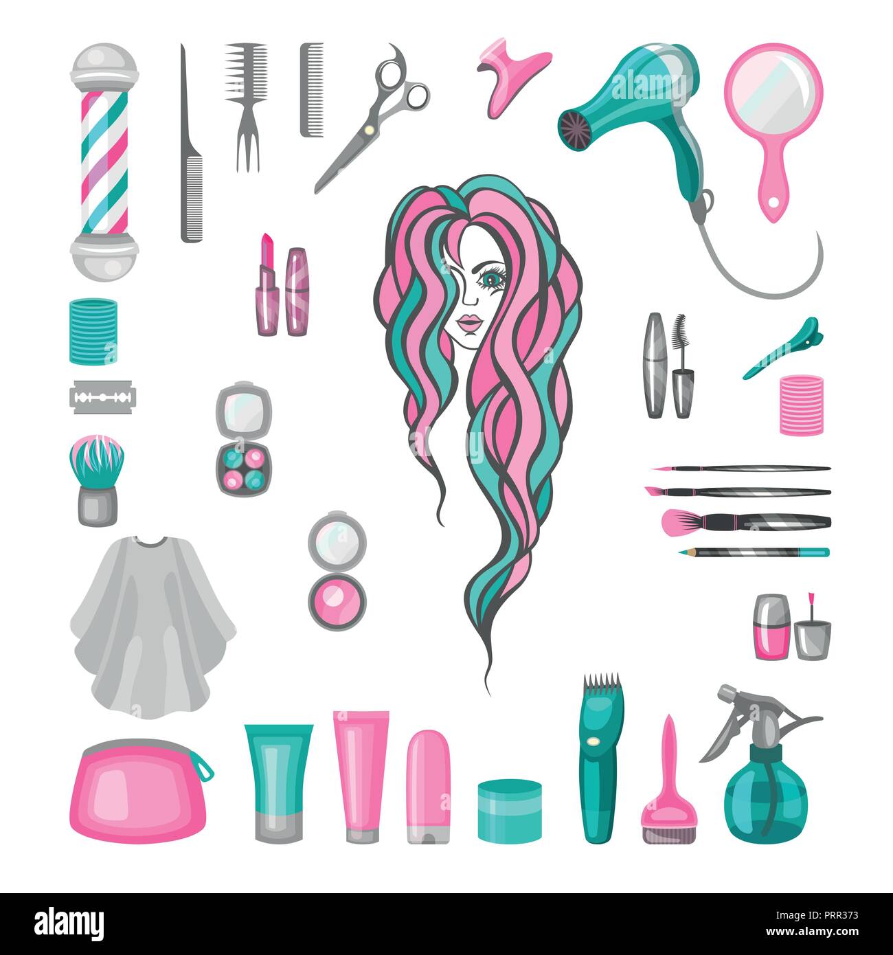 Hair cut, manicure, makeup, hair coloring, hairdressing, styling professional beauty tools and equipment big set. Stock Vector