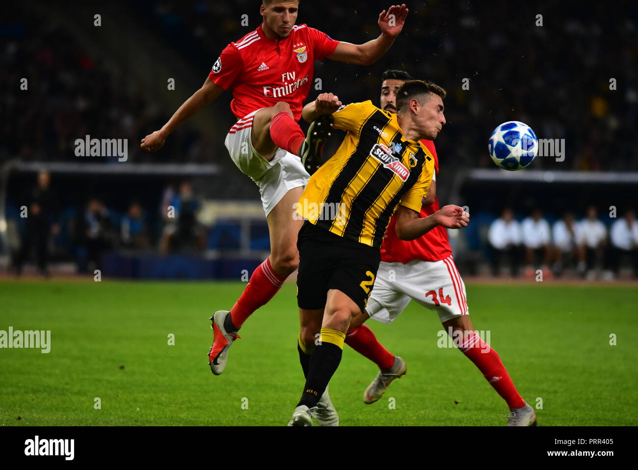 Athens, Greece. 02nd Oct, 2018. Foul that Ruben Dias (no 6) of Benfica made  to Ezequiel Ponce (no 22) of AEK, that lead him to the red card, during the  UEFA Champions