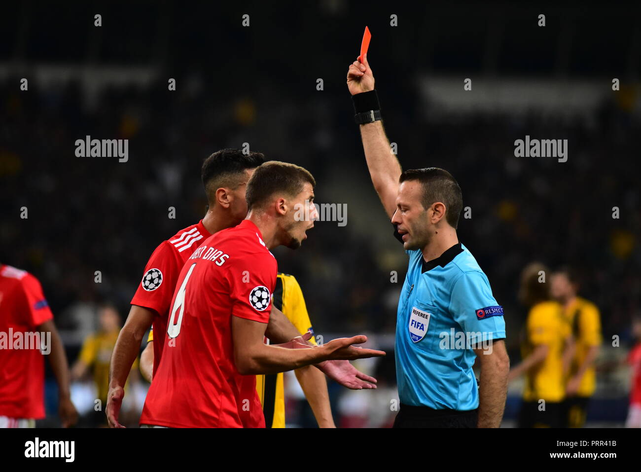 Athens, Greece. 02nd Oct, 2018. Moment that referee shows the red card to  Ruben Dias (no 6) of Benfica, during the UEFA Champions League match of AEK  vs Benfica. Credit: Dimitrios Karvountzis/Pacific