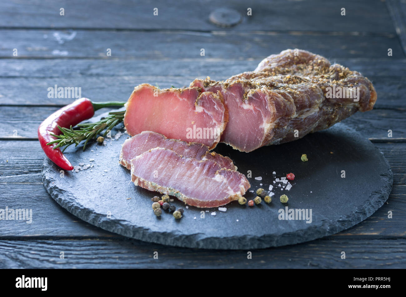 Cut dry meat. Dried beef. Beef with spices. View at an angle Stock Photo Alamy