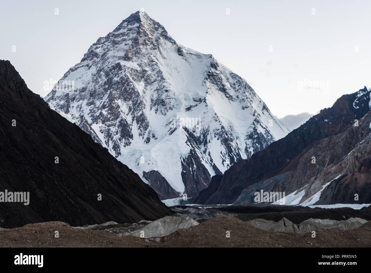 K2 and Godwin-Austen  glacier at sunrise from Concordia, Karakoram, Pakistan Stock Photo