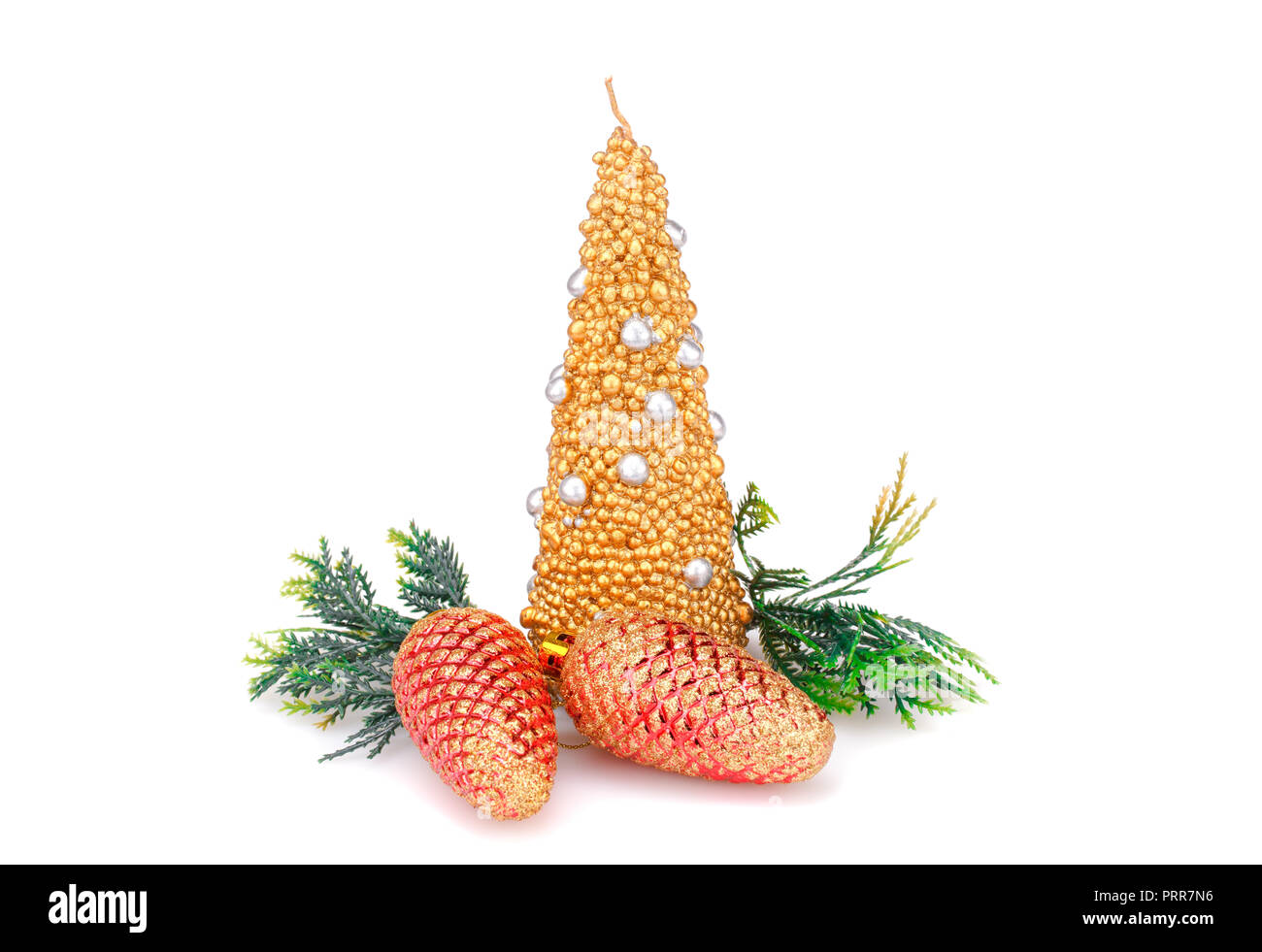 Christmas candle, cones and fir tree branches decoration isolated on ...