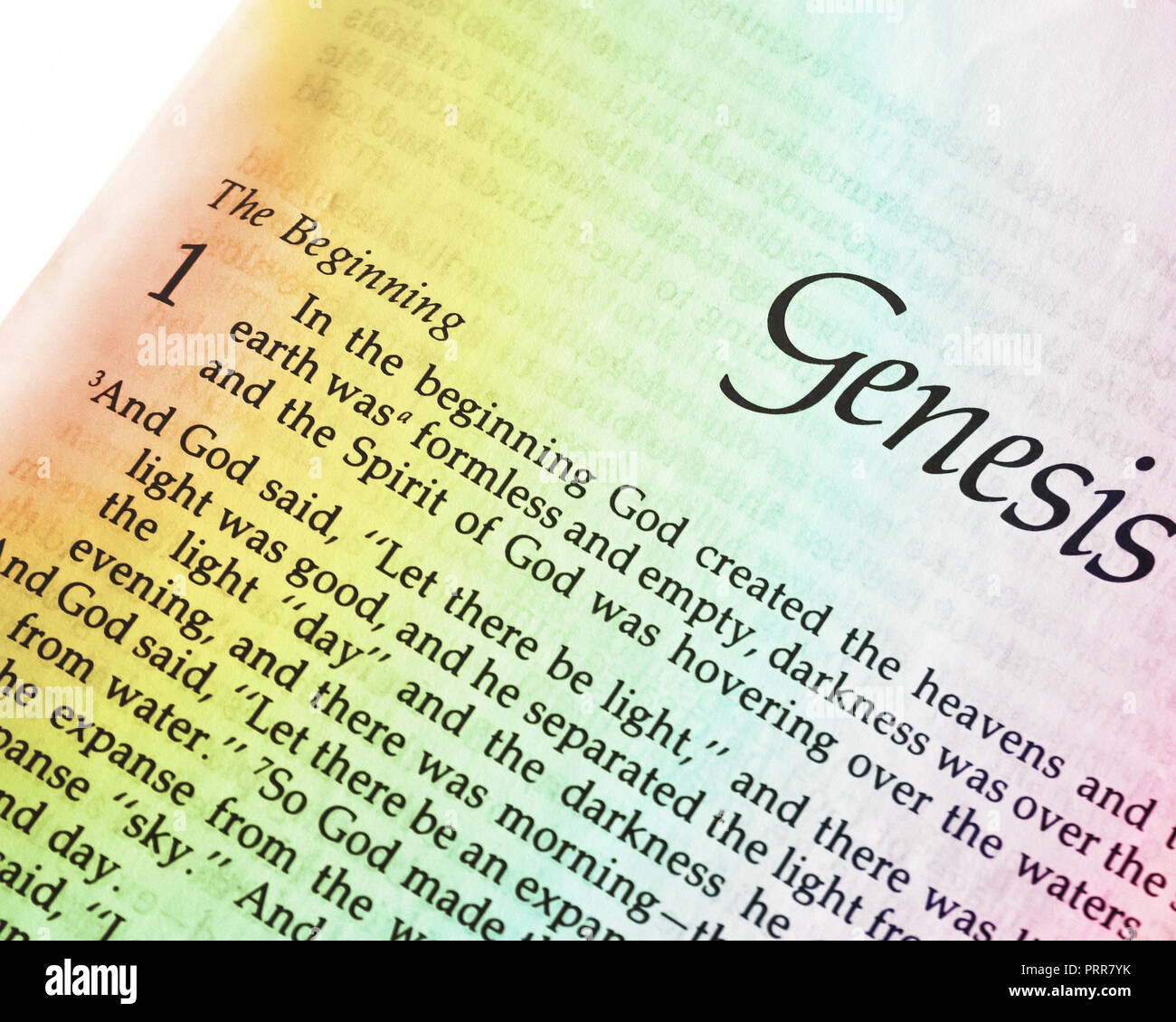 Open page in the bible showing Genesis Chapter one verse one - In the Beginning Stock Photo