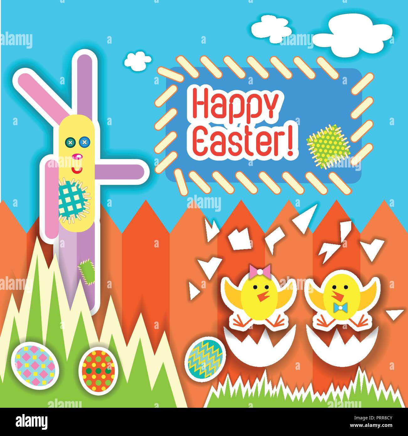 Colorful Happy Easter greeting card with rabbit, bunny, eggs and ...