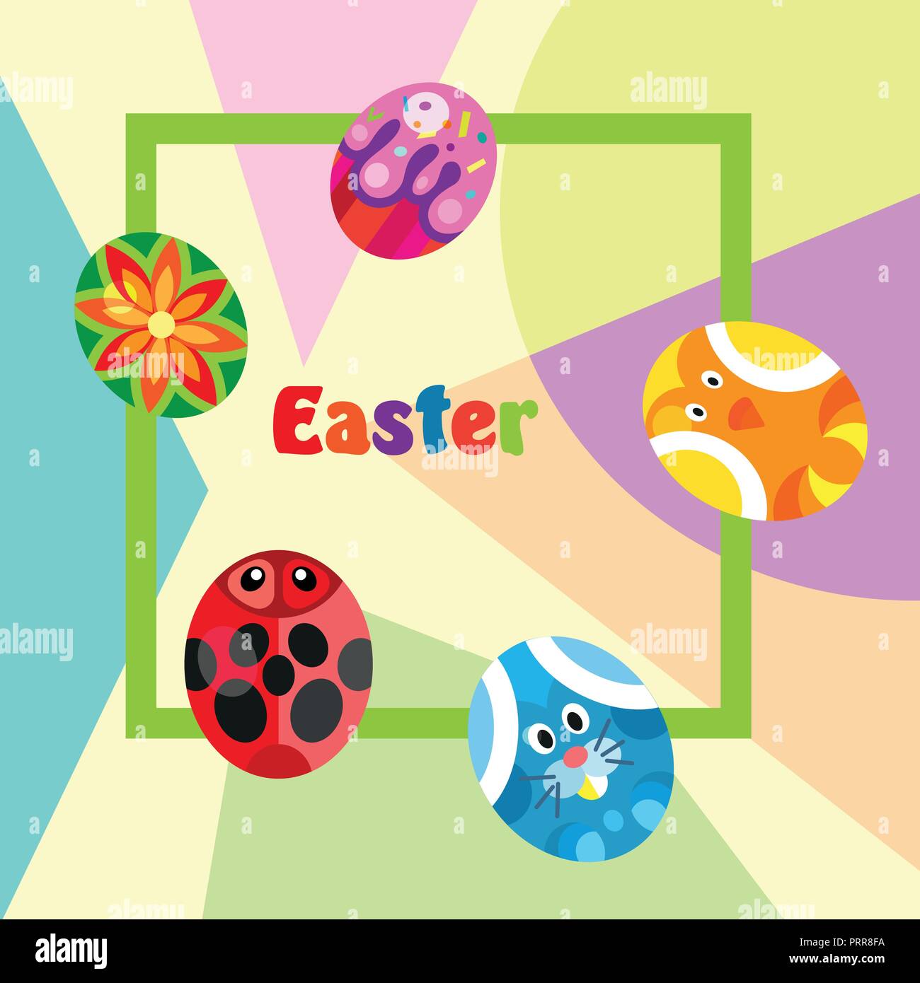 Colorful Happy Easter greeting card with rabbit, bunny, eggs and banners Stock Vector