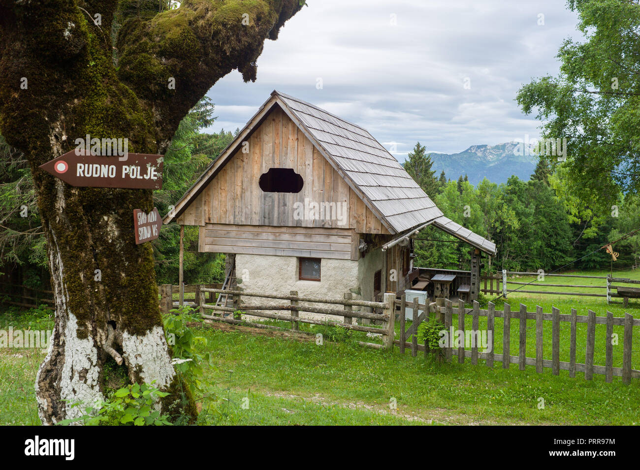 Uskovnica village in the mountains of Triglav national park Slovenia. Julian Alps Stock Photo