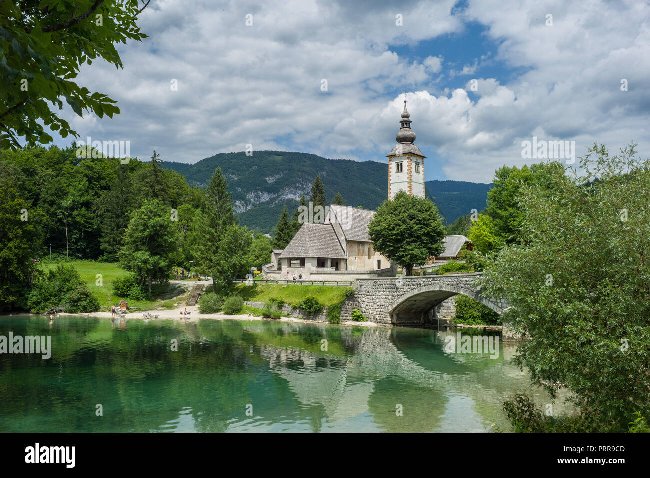 St John the Baptist Church, Rebcev Laz, Lake Bohinj. Slovenia, Stock Photo