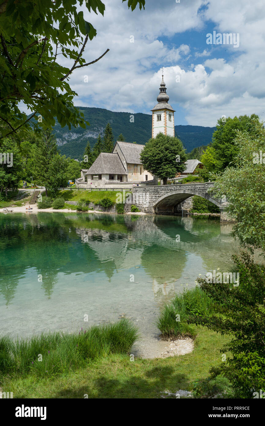 St John the Baptist Church, Rebcev Laz, Lake Bohinj. Slovenia, Stock Photo