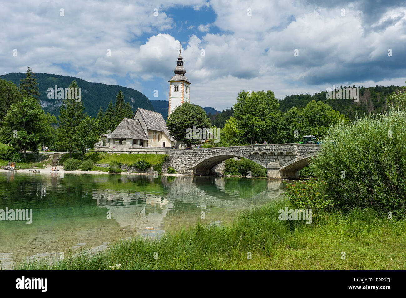 St John the Baptist Church, Rebcev Laz, Lake Bohinj. Slovenia, Stock Photo