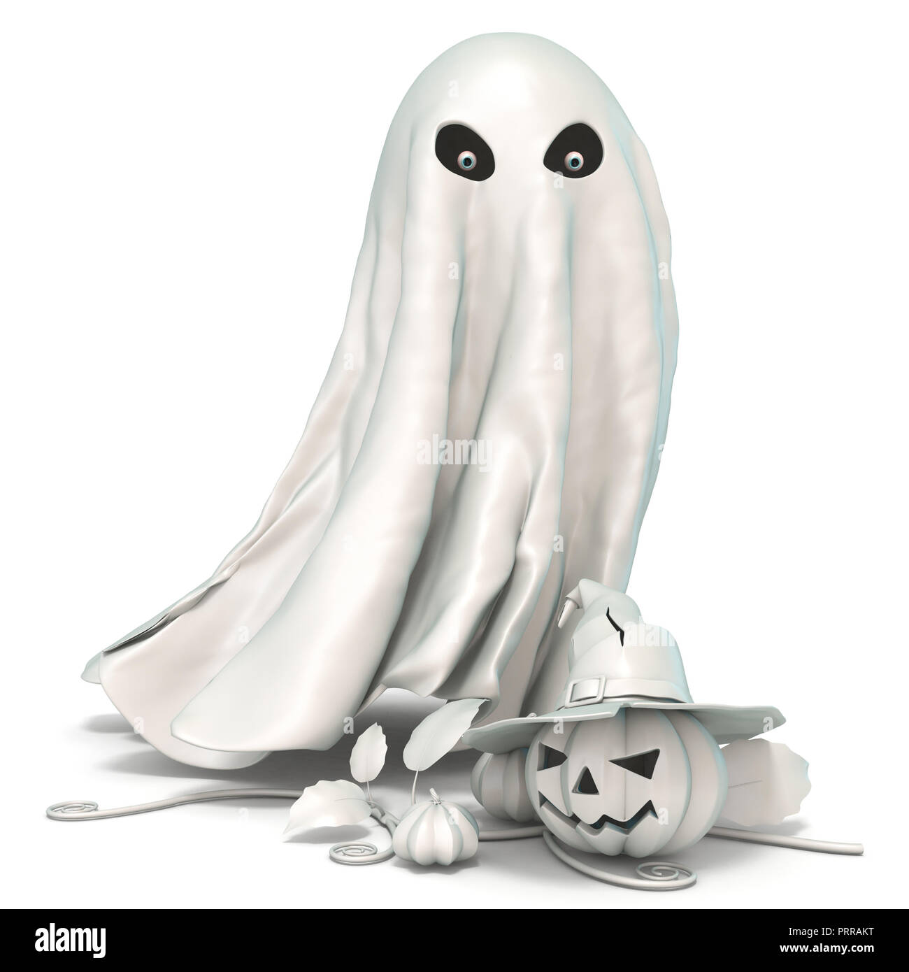 Ghost and Jack o Lantern with witch hat 3D rendering illustration isolated on white background Stock Photo