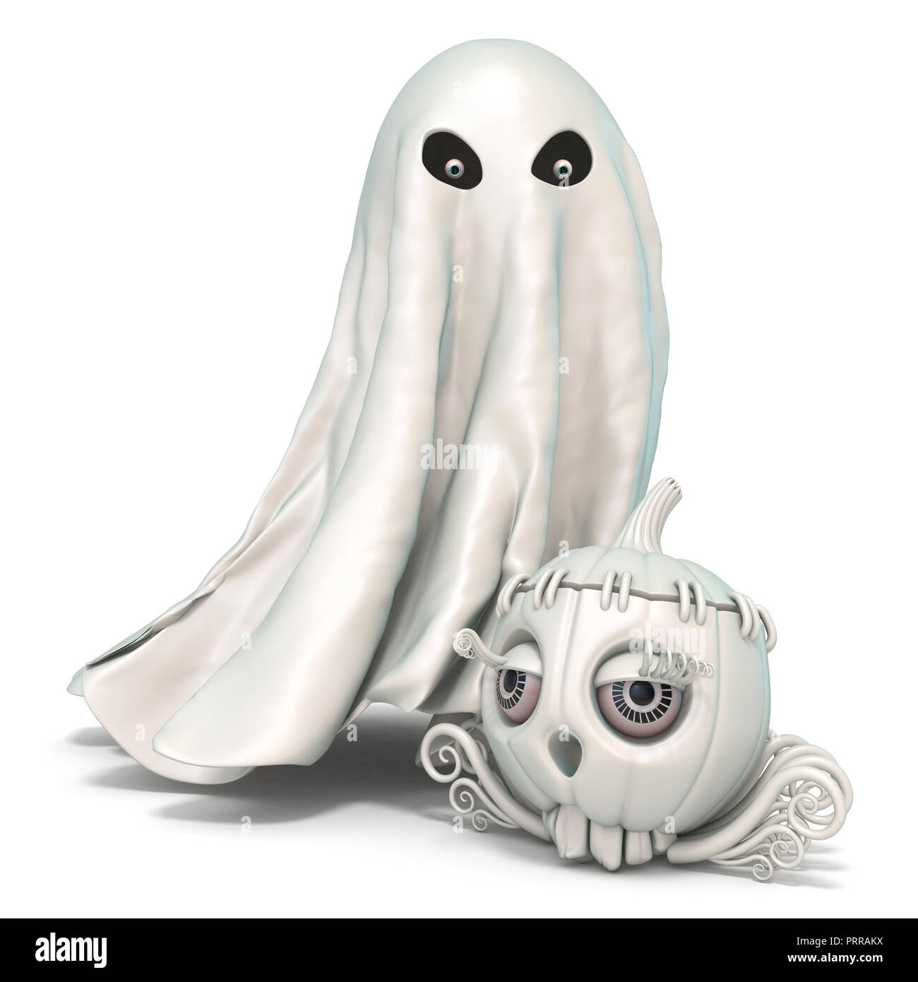 Ghost with Jack o Lantern 3D rendering illustration isolated on white background Stock Photo