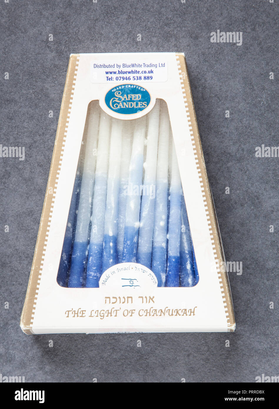 A box of Hanukkah candles made in Israel by Safed candles, for use at