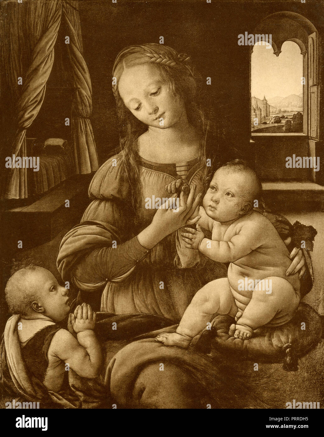 Madonna with baby Jesus and St. John the Baptist, painting by Lorenzo di Credi, 1910s Stock Photo