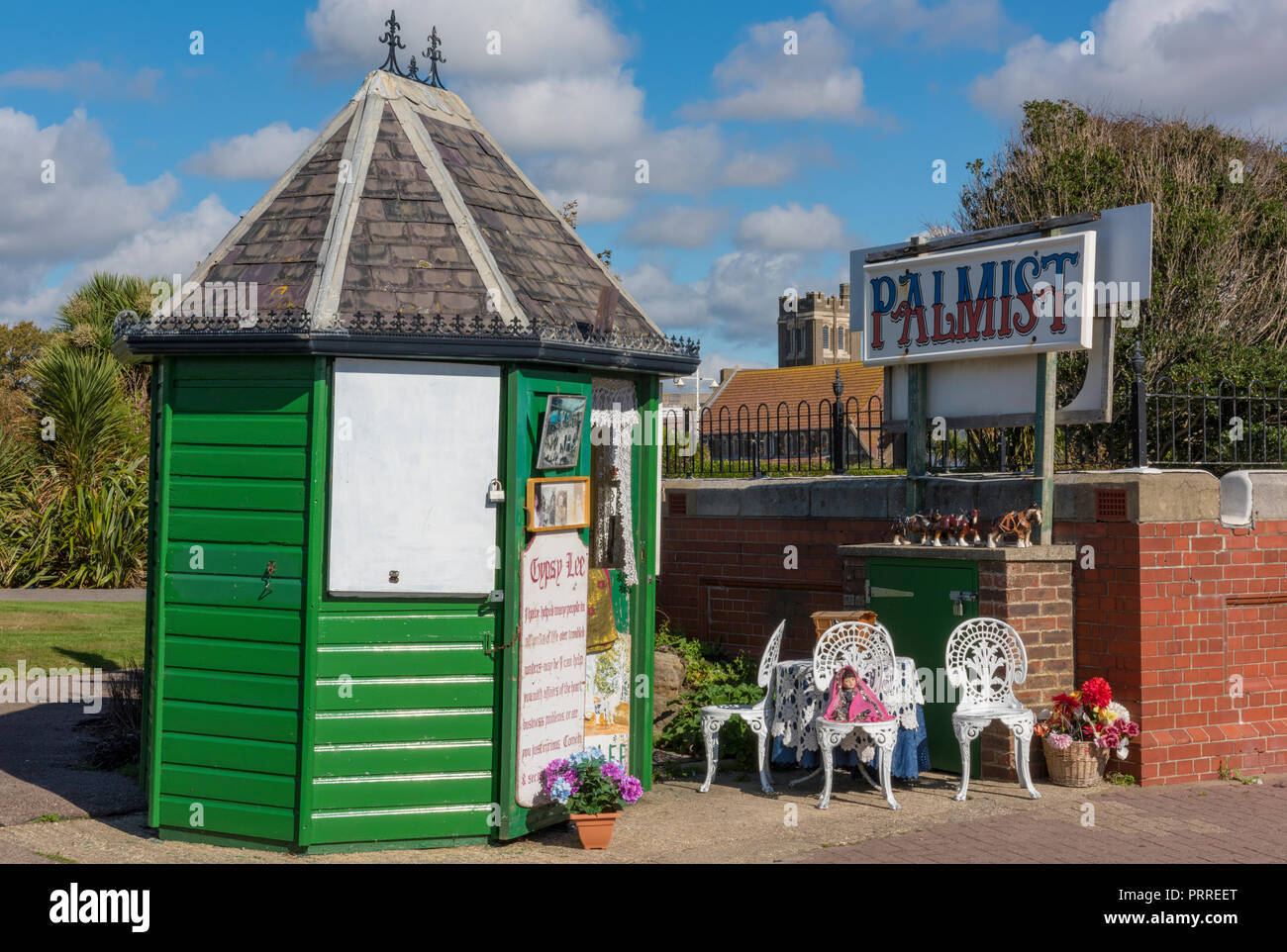 a palmist hut or fortune tellers cabin on the sea front at Bognor regis in West Sussex. Stock Photo