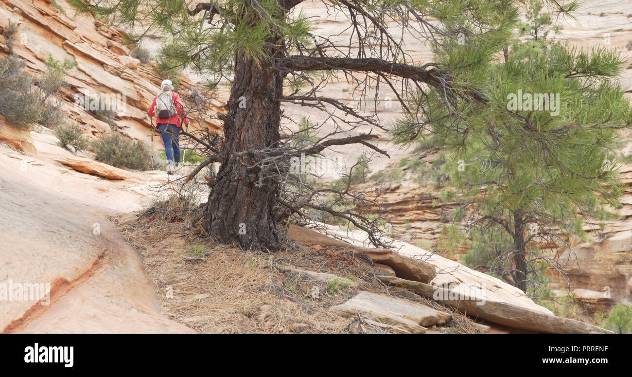 Adventurous senior lady walking along rocky path outdoors in nature Stock Photo