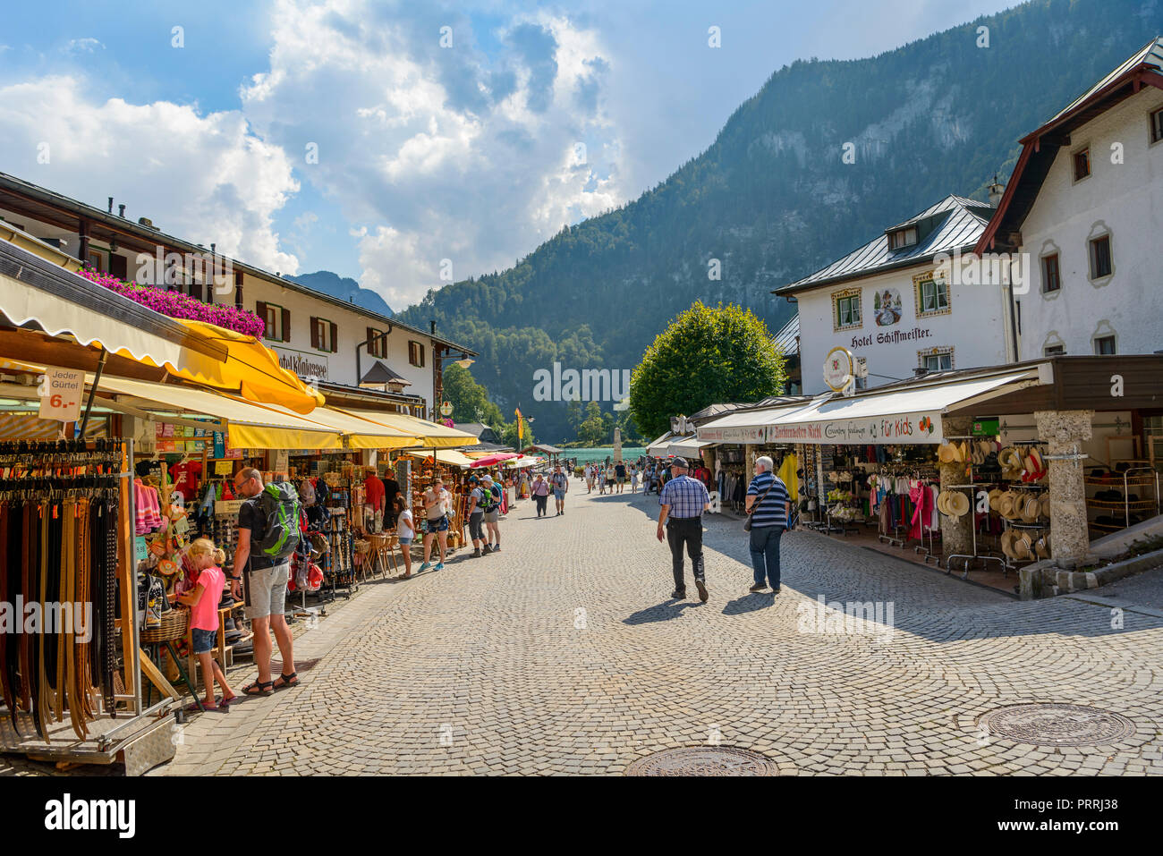 View of the village with pedestrian zone and souvenir shops, Schönau am Königssee, Berchtesgadener Land, Upper Bavaria Stock Photo