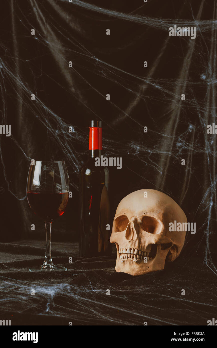 scary skull and red wine on black cloth with spider web Stock Photo